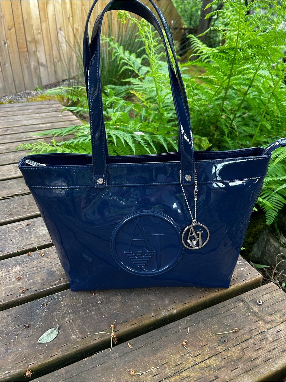 Armani Jeans Blue Patent Leather Logo Tote with Charm - Picture 4 of 11